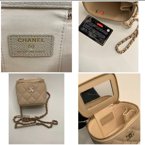 Authentic CHANEL Caviar Beige Mini Square Vanity Case CC Chain Bag Gold Hardware - Picture 6 of 9